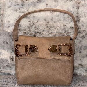 Taupe Suede Shoulder Bag with Decorative Gold Buckles